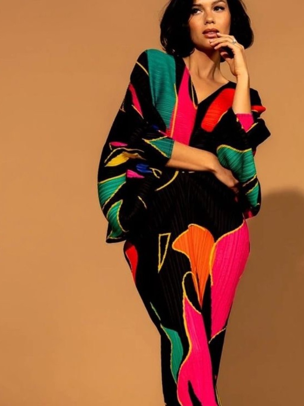 Dressed in LALA Woman of the Hour Bold Abstract Print Black Dress Neon